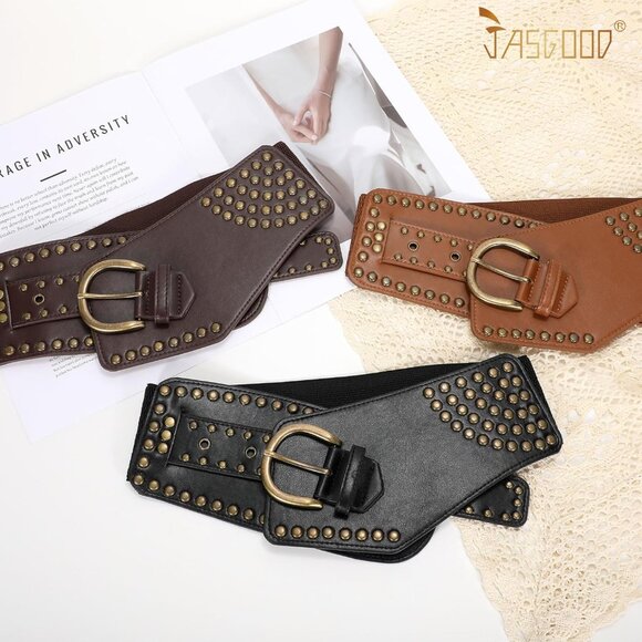 Women Vintage Wide Elastic Studded Stretchy Waist Belt Rivets Metal Buckle Brown - Picture 5 of 5